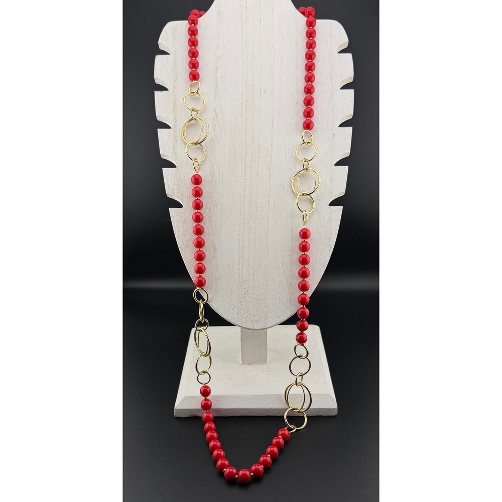 Zenzii Necklace Red Gold Beaded Long Statement Hoop Accents Toggle Lightweight